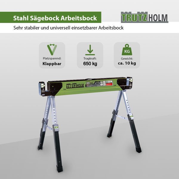 Stahl Sägebock Arbeitsbock von TrutzHolm, klappbar, Tragkraft 650 kg, Gewicht circa 10 kg