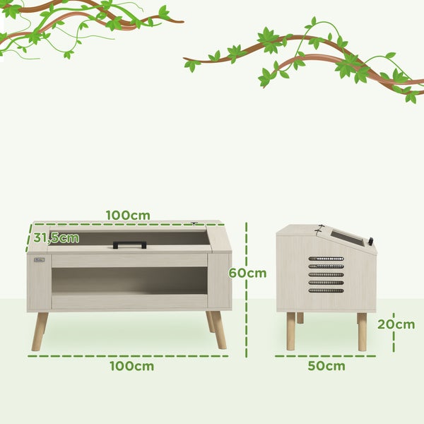 Kleintiergehege aus hellem Holz mit Maßen: Breite 100 Zentimeter, Höhe 60 Zentimeter, Tiefe 50 Zentimeter, Beinhöhe 20 Zentimeter.