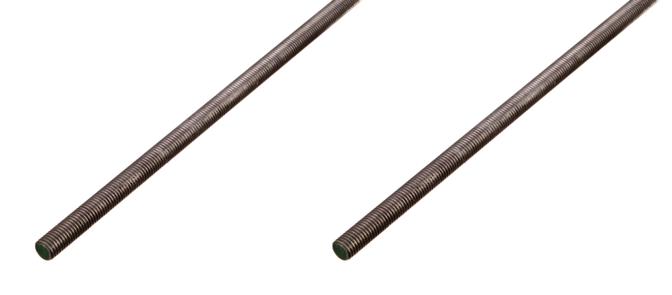 Zwei Gewindestangen aus Metall mit durchgehendem Gewinde für diverse Befestigungsanwendungen.