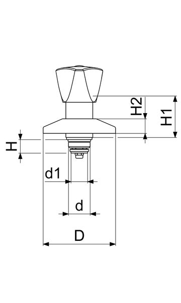 Technische Zeichnung eines Ventilgriffs mit Maßangaben für Höhen und Durchmesser.