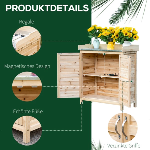 Gartenschrank aus Holz mit Regalen und verzinkten Griffen