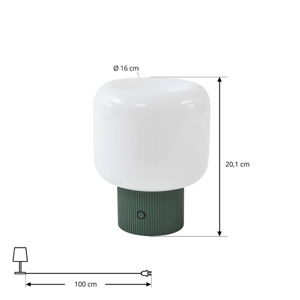 Tischleuchte mit Maßangaben: Höhe 20,1 Zentimeter, Durchmesser 16 Zentimeter und Kabellänge 100 Zentimeter.