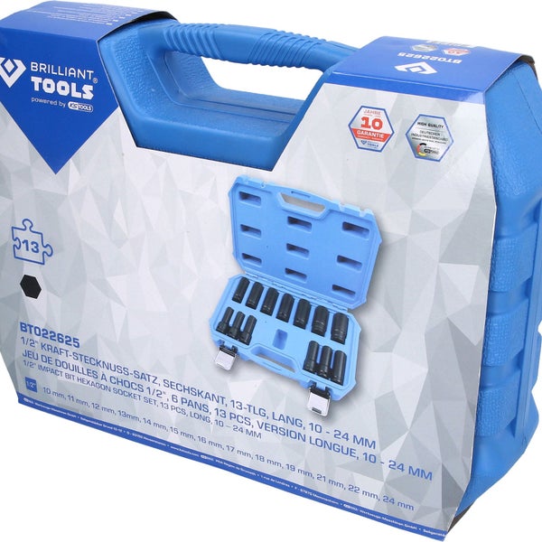Brilliant Tools 1/2-Zoll Kraft Stecknuss Satz, sechskant, 13-teilig, lang, 10 bis 24 Millimeter im blauen Koffer mit Brilliant Tools Logo und KS Tools Logo