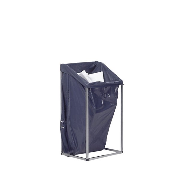Müllbeutelhalter aus Metall mit einem blauen Müllsack.