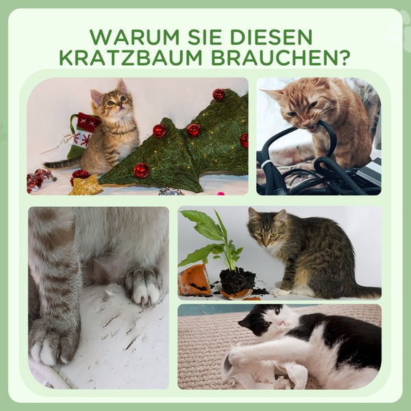 PawHut Kratzbaum 123H cm Katzenbaum Kletterbaum Katzenkratzbaum mit Liegekorb, Spielball, Sisalsäule für Katzen bis 5 kg Plüsch Cremeweiß+Grün