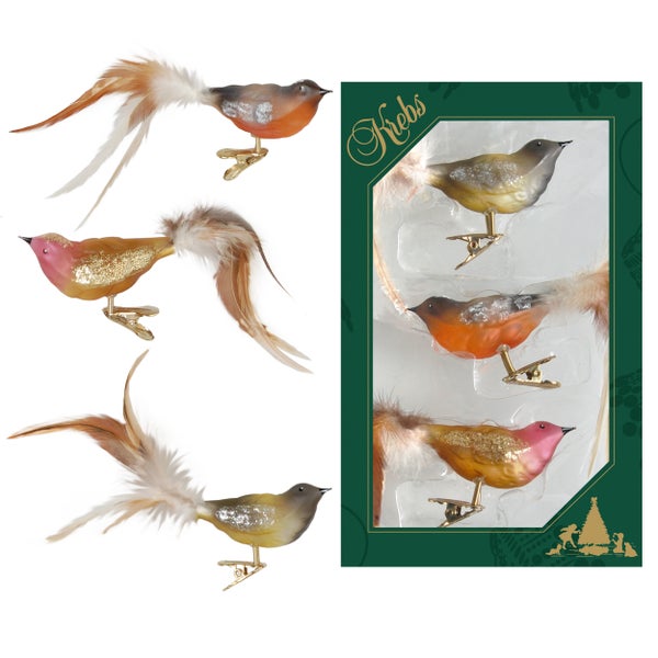 Naturfarbig transparent 11cm Glasvögel auf Clip mit 6cm Federschwanz mundgeblasen und handdekoriert, 3 Stck.