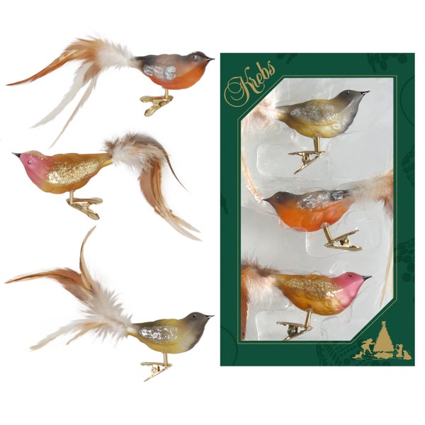 Naturfarbig transparent 11cm Glasvögel auf Clip mit 6cm Federschwanz mundgeblasen und handdekoriert, 3 Stck., Weihnachtsbaumkugeln, Christbaumschmuck, Weihnachtsbaumanhänger