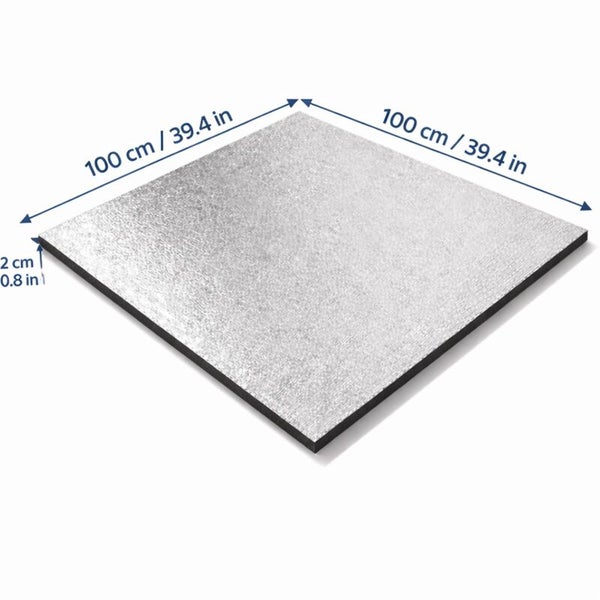 Quadratische Dämmplatte mit den Maßen 100 Zentimeter mal 100 Zentimeter und einer Stärke von 2 Zentimeter.