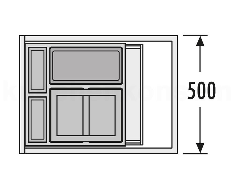 Technische Zeichnung eines Abfallsystems für Schubladen mit einer Tiefe von 500 Millimetern.