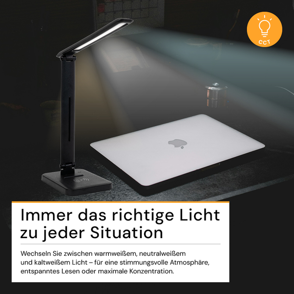 Schreibtisch mit LED Lampe und Laptop für eine gute Beleuchtung beim Arbeiten