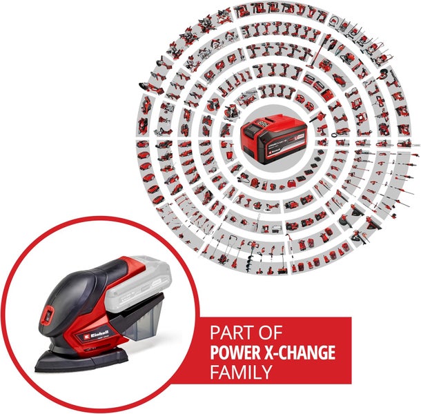 Einhell Akku Multischleifer aus der Power X-Change Systemfamilie mit Akku und einer Übersicht vieler weiterer kompatibler Einhell Akkuwerkzeuge.