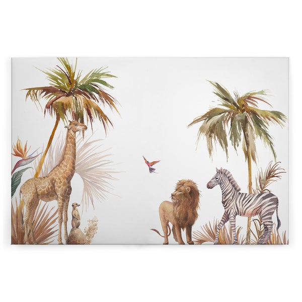 Wandbild mit Safari Tieren Giraffe Löwe Zebra und Erdmännchen in Aquarell Optik mit Palmen Motiven für das Kinderzimmer