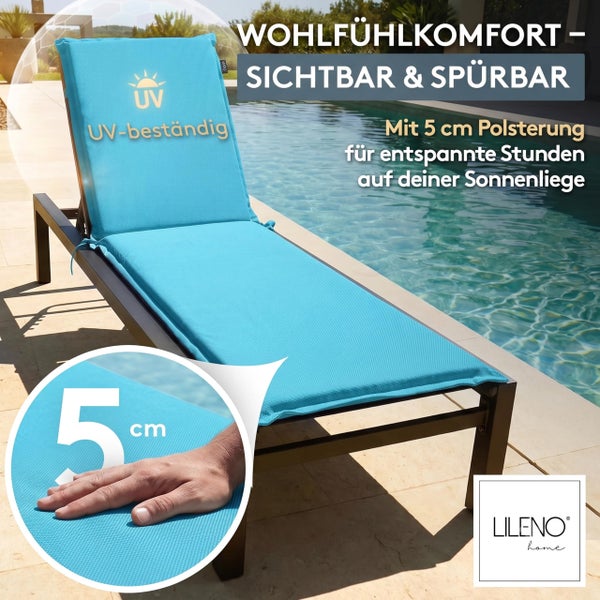 Lileno Home Sonnenliegen-Auflage, UV-beständig mit 5 Zentimeter Polsterung, auf einer Liege am Pool.