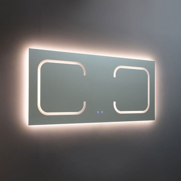 Badezimmerspiegel rechteckig mit LED-Beleuchtung und Touch-Schalter. Indirekte Hintergrundbeleuchtung und zwei quadratische Leuchtelemente vorne.