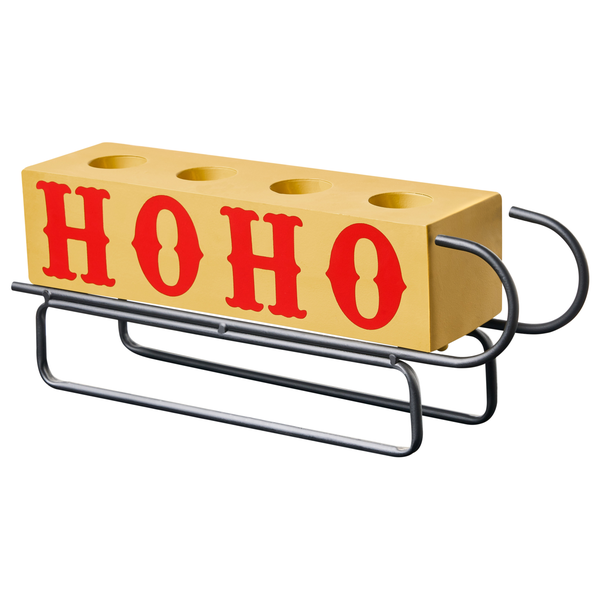 Teelichthalter mit der Aufschrift HO HO HO auf einem Schlitten
