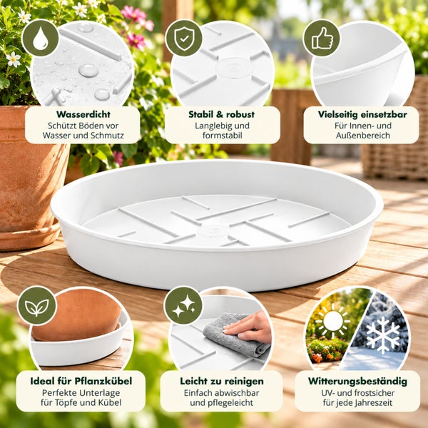 Runder Pflanzuntersetzer aus Kunststoff fuer Innen und Aussen, wasserdicht, robust und witterungsbestaendig, ideal als Bodenschutz fuer Pflanzkuebel.