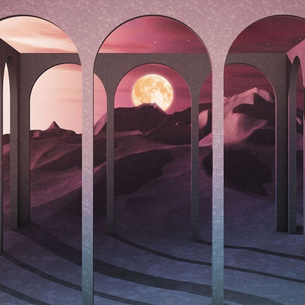 Illustration einer Wüstenlandschaft mit Bergen, Himmel und Mond, betrachtet durch mehrere Bögen