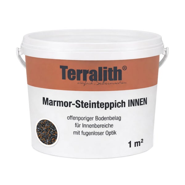 Terralith Marmor-Steinteppich für Innenbereiche in Schwarz-Orange, offenporiger Bodenbelag für 1 Quadratmeter.