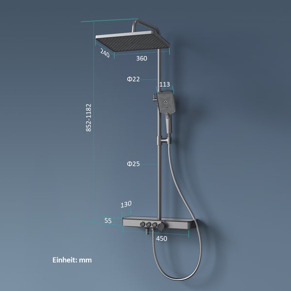 EMKE Duschsystem mit Thermostat 38 °C, 3 Strahlart(en), Überkopfbrause, Handbrause mit 3 Funktionen, unterer Wasserauslass, Verbrühungsschutz, Wandmontage, 114,6 × 45 × 48 cm, Anthrazit Matt