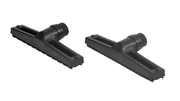 Zweiteiliges Set schwarze Staubsauger-Bodendüsen, eine mit Bürstenstreifen und eine mit Gummilippe für Nass- und Trockenreinigung.