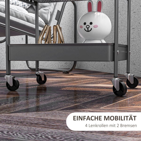 HOMCOM Rollwagen, Servierwagen mit 3 Etagen, 2 Hängekörbe, Aufbewahrungswagen mit Griff, Küchenwagen, Beistellwagen für Küche, Wohnzimmer, Stahl, Dunkelgrau