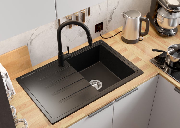 PRIMAGRAN Spülbecken Alles Schwarz 78x50cm, Granitspüle 1 Becken + Ablauf-Set, Küchenspüle ab 45er Unterschrank - Mailand