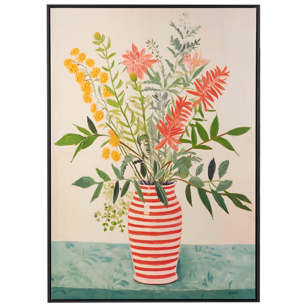 Gerahmtes Leinwandbild mit einem Blumenstrauß in einer gestreiften Vase.