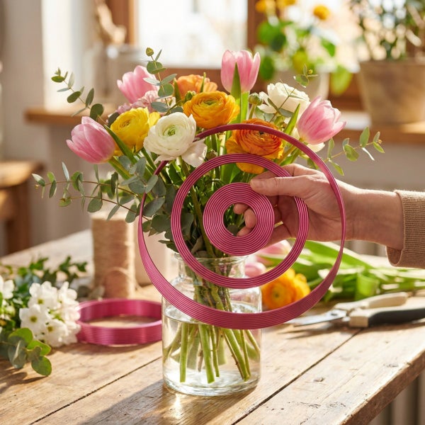 Eine Hand hält eine ringförmige Blumenstütze aus Kunststoff vor eine Vase mit einem bunten Strauß aus Tulpen und Ranunkeln auf einem Holztisch.
