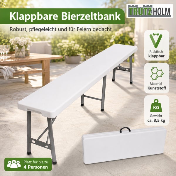 Klappbare Bierzelthockerbank aus Kunststoff von Trutzholm mit Metallgestell für vier Personen, zusammenklappbar mit Tragegriff.