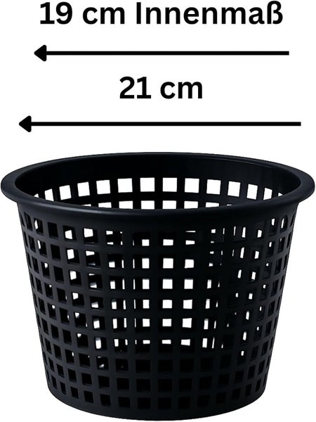 Schwarzer runder Teichkorb aus Kunststoff mit 19 Zentimeter Innenmaß und 21 Zentimeter Außenmaß.
