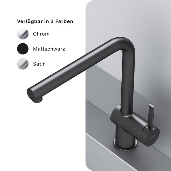 Küchenarmatur in Mattschwarz. Erhältlich in drei Farben.