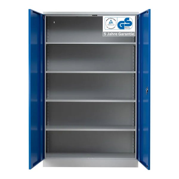 PROREGAL Stahlschrank Bee 4 Fachböden HxBxT 195 x 120 x 42 cm Pulverbeschichtetes Fachbodenmaterial Grau & Blau