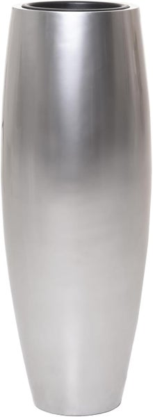 Hoher, runder Pflanzkübel in Silber mit metallischer Oberfläche.