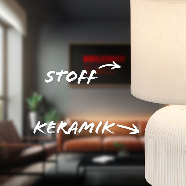 Tischlampe Tischleuchte Wohnzimmer Schlafzimmer Stoffschirm Keramikfuß