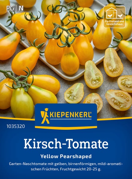 Saatgut Kiepenkerl Kirschtomate Yellow Pearshaped für Freiland und Gewächshaus mit mild aromatischen, birnenförmigen Früchten.