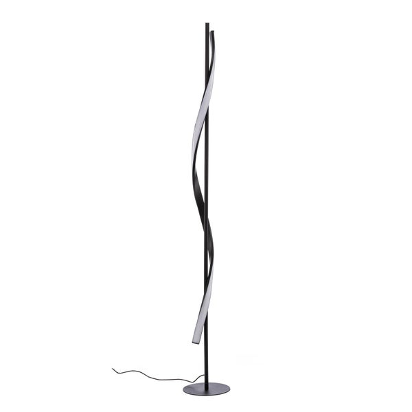 Moderne LED-Stehleuchte aus schwarzem Metall mit einem geschwungenen Leuchtelement und rundem Standfuß.