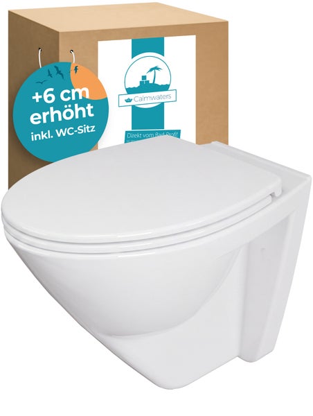 Erhöhtes Wand-WC von Calmwaters inklusive WC-Sitz in der Verpackung