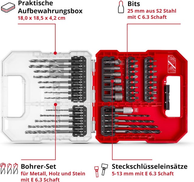 Einhell L-CASE 40-tlg. Bit- und Bohrer-Set (25-mm-Bits, Schnellwechselbithalter, Steckschlüssel, Senker, Metall-, Stein- und Holzbohrer inkl. Aufbewahrungsbox)