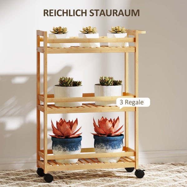 Bambusregal mit drei Ablagen und Pflanzen