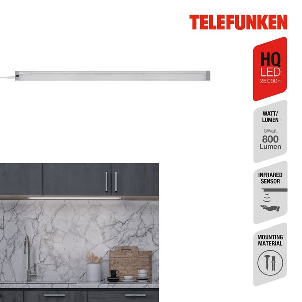 Telefunken Logo, LED Unterbauleuchte, 8 Watt, 800 Lumen, Infrarotsensor, inklusive Montagematerial, in einer modernen Küche mit Marmorrückwand.