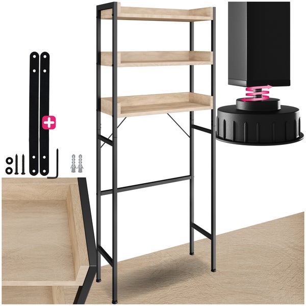 Toilettenregal mit schwarzem Metallgestell, drei Holzböden, verstellbaren Füßen und Montagematerial zur Wandbefestigung.
