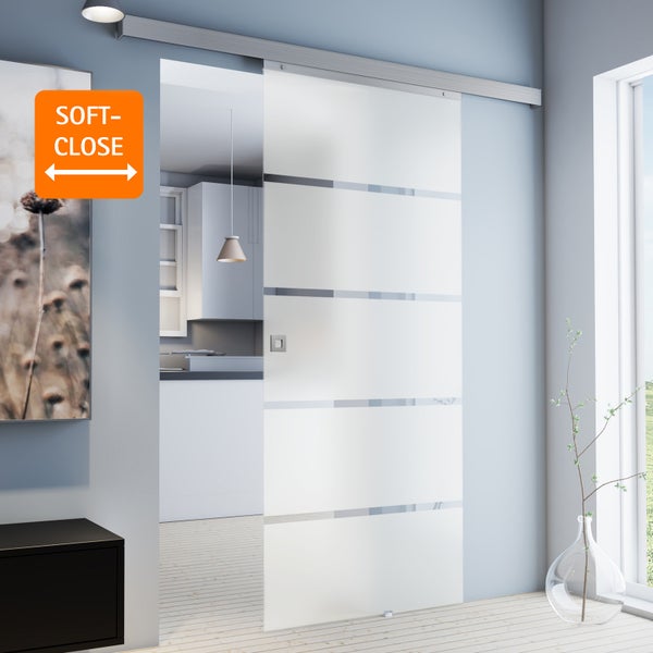 Tür Schiebetür Komplettset Glas Blockstreifen 755x2035 Zimmertür Glasschiebetür -  Quadratgriff+2seitiger Softclose