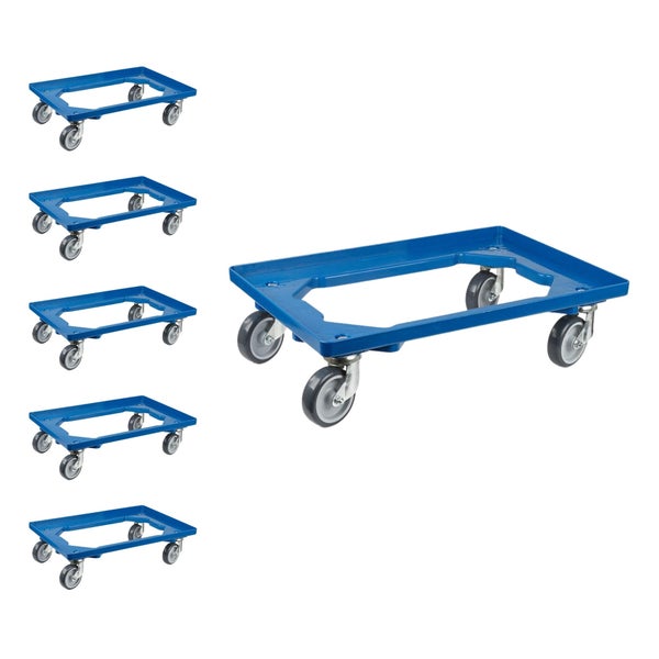 PROREGAL SparSet 6x Transportroller für Euroboxen 60 x 40 cm mit Gummiräder Blau Offenes Deck 4 Lenkrollen Traglast 300 kg