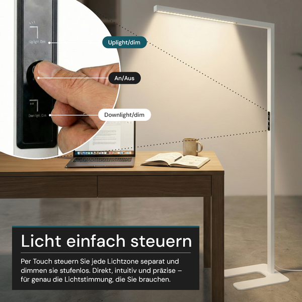 LED-Stehlampe mit Touch-Bedienfeld zur Steuerung von Uplight und Downlight