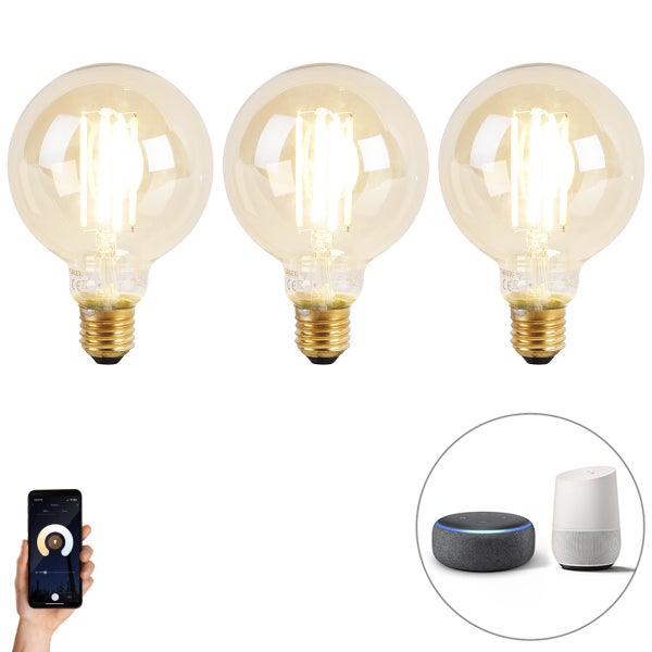 Set mit 3 intelligenten E27-LED-Lampen, dimmbar bis warm, G95 Goldline, 7 W, 806 lm, 1800 K – 3000 K