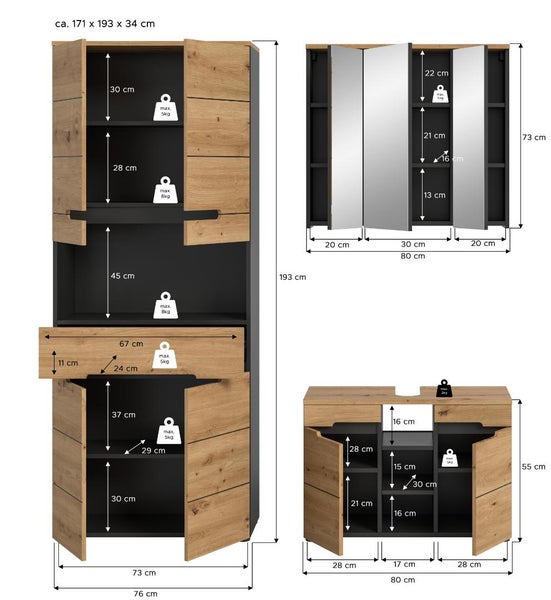 Maßzeichnung eines Badezimmermöbel-Sets in Eiche-Optik und Anthrazit mit Maßen in Zentimeter und Belastbarkeit in Kilogramm.