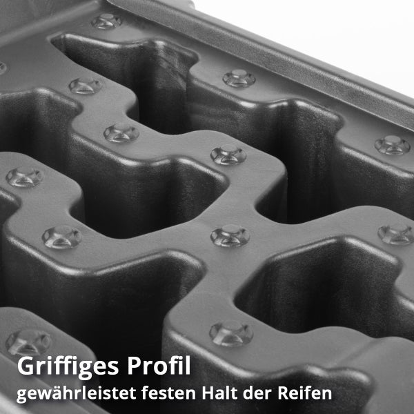 Detailaufnahme des griffigen Profils einer Anfahrhilfe zur Reifensicherung