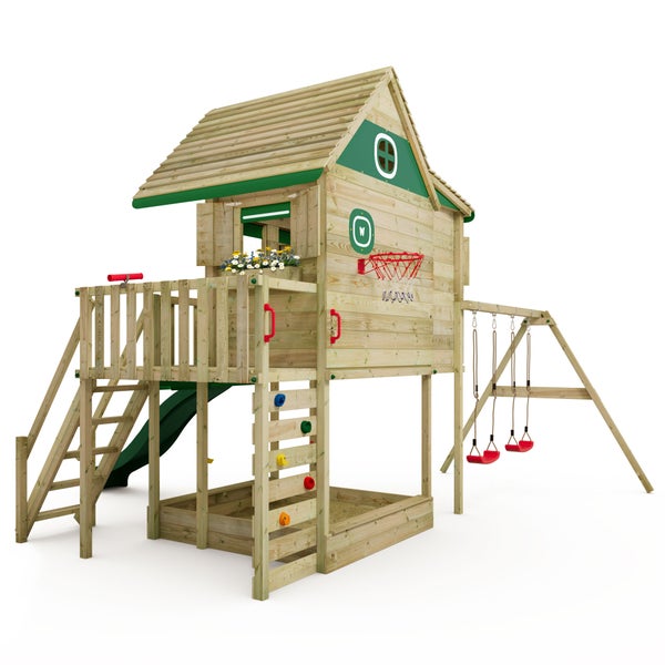 WICKEY Stelzenhaus Smart GreenHouse mit Schaukel und Rutsche,integriertem Sandkasten und großem Spielhaus mit massiver Treppe mit Handlauf, Fenstern, Rollos und Blumenkasten -  grün