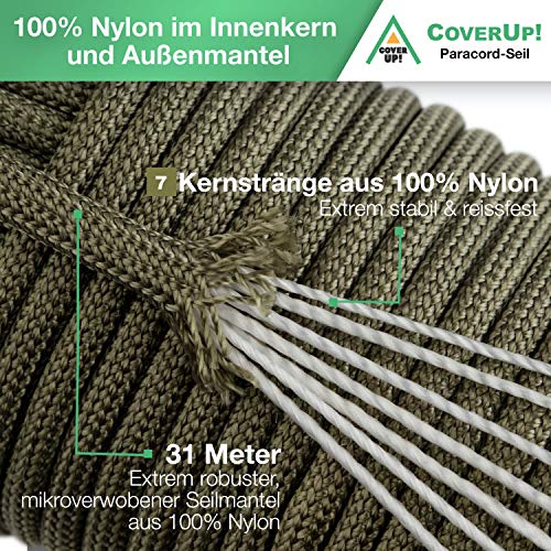 CoverUp! Paracord 550 schwarz – 550 Paracord aus 7 Strängen – 31 Meter Parachute Cord mit extrem robustem Seilmantel