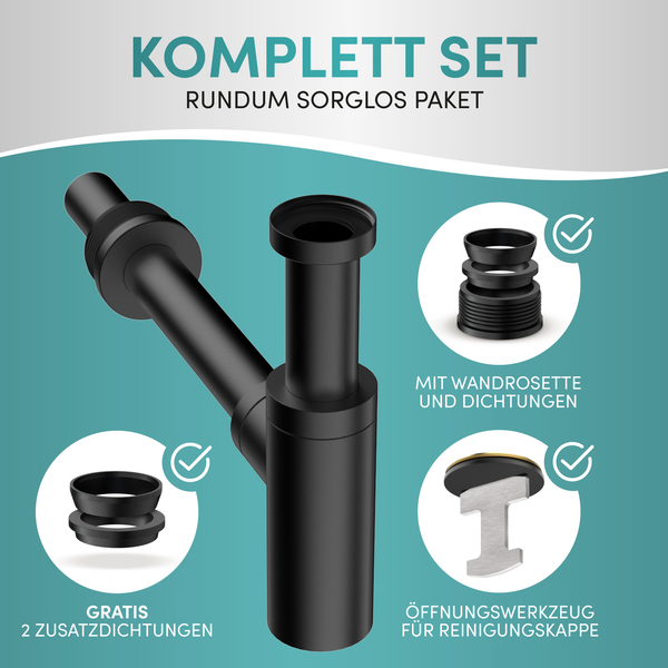 Engelbach® Design Siphon für Waschbecken & Waschtisch - Mit Reinigungsöffnung - 1 1/4 - inkl. Gummimanschette und Anleitung -Schwarz